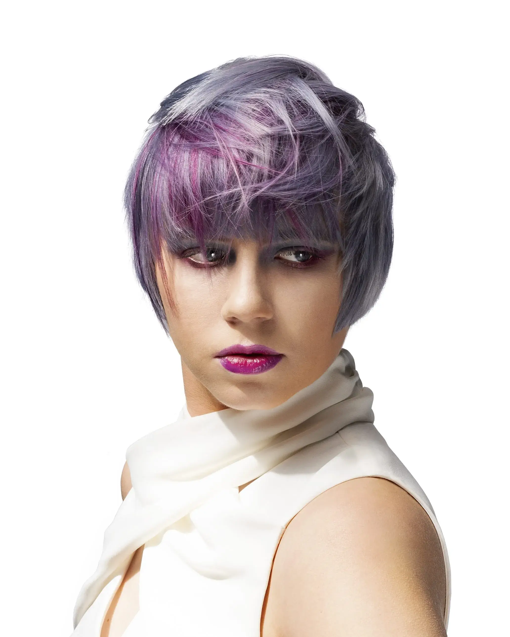 Woman with purple short bob cut and full fringe